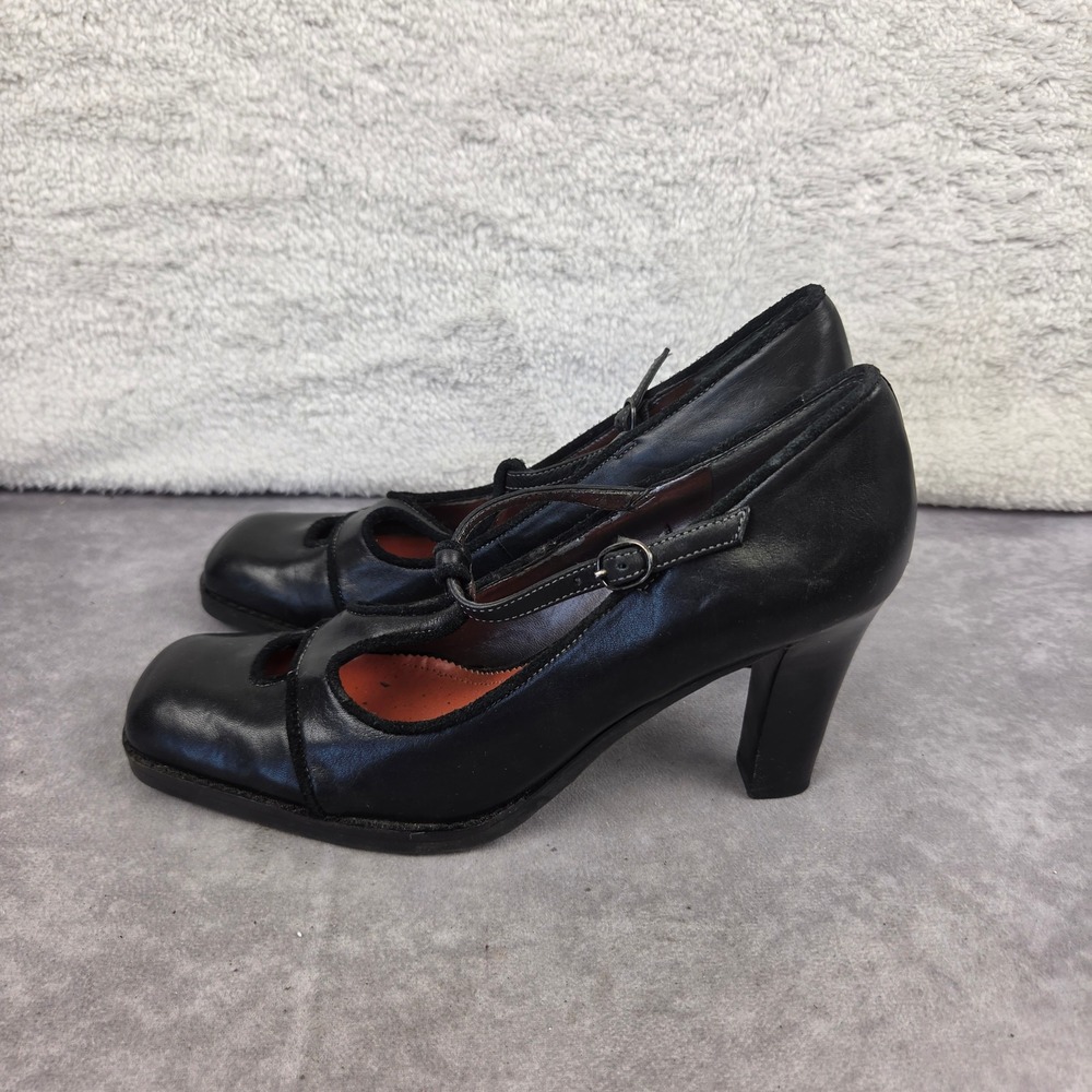 Nine West Black Leather Scalloped T-Strap Mary Jane Heels Square Toe Block Heel